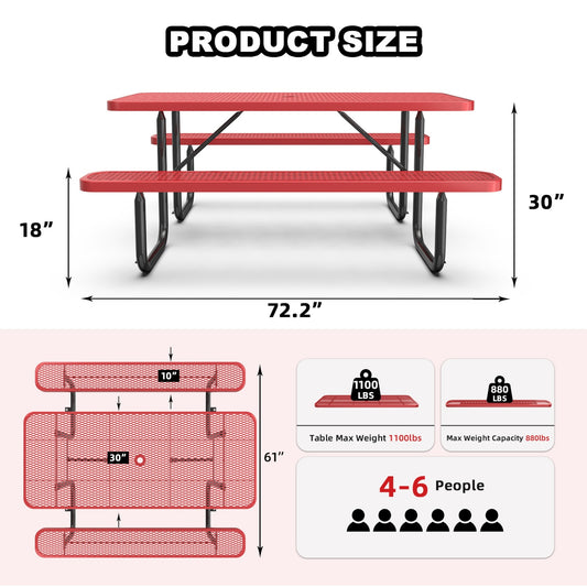 6ft Rectangle Picnic Table With Umbrella Hole Red-Dimension#color_Red