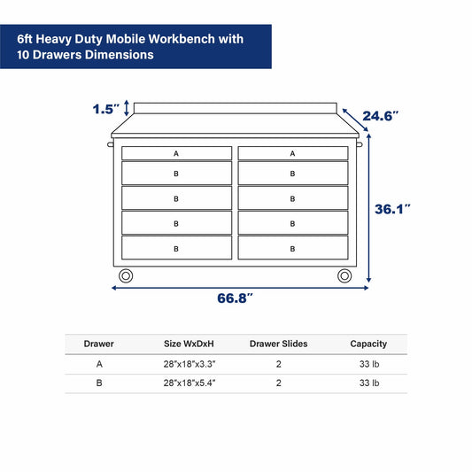 6ft Heavy Duty Mobile Workbench with 10 Drawers Dimension