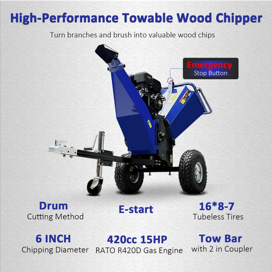 6" 15 HP 420cc Gas Powered E-start Wood Chipper