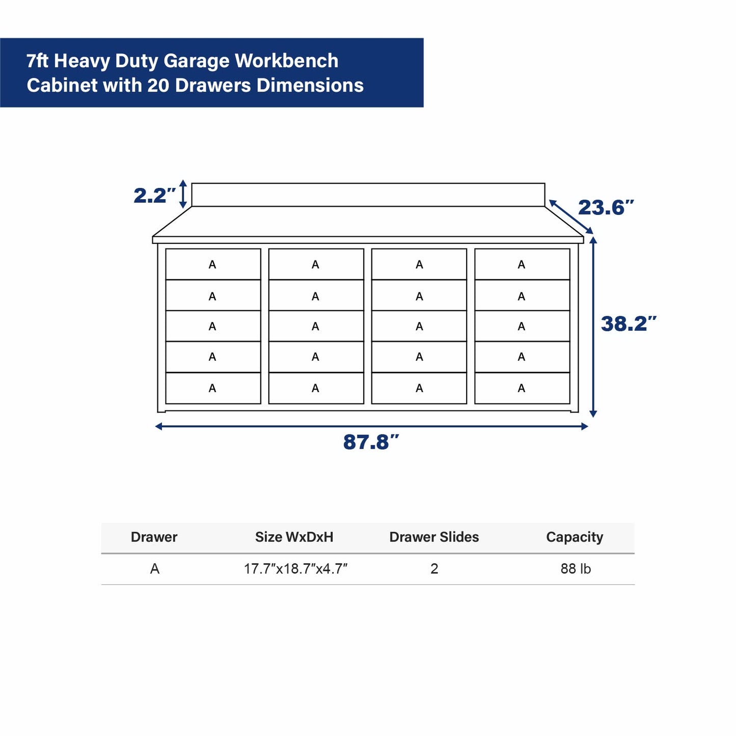 7ft Heavy Duty Garage Workbench Cabinet with 20 Drawers Dimension