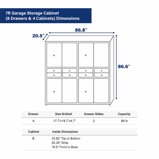 7ft Garage Storage Cabinet (8 Drawers & 4 Cabinets) Dimension