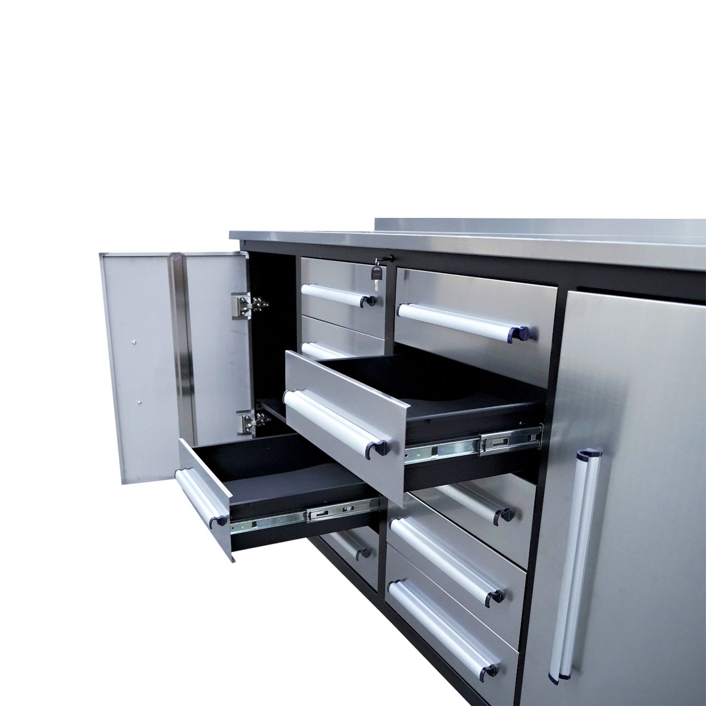 Details about the drawer of our 7ft Heavy Duty Workbench with 10 Drawers & 2 Cabinets#color_Silver