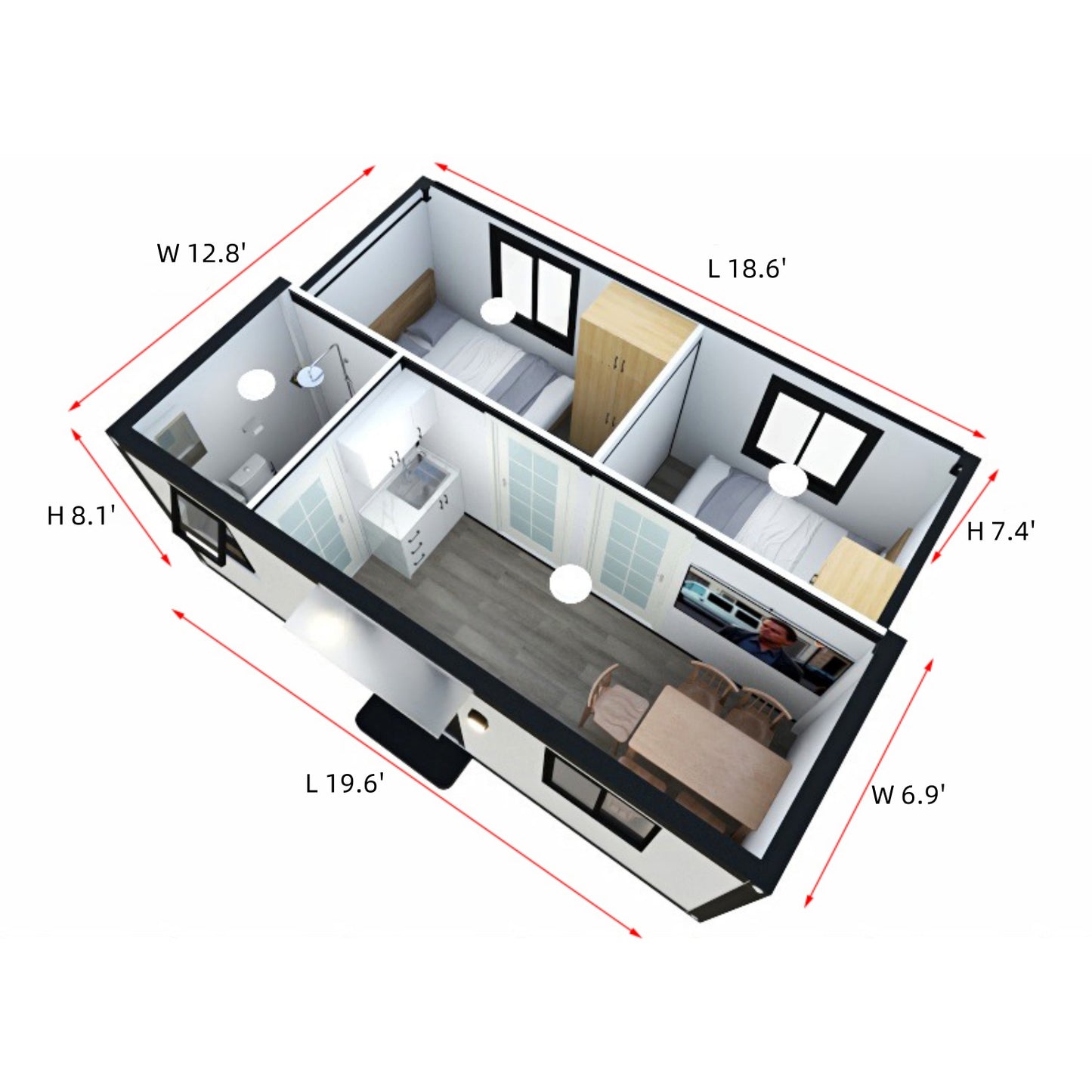 7ft x 20ft Expandable Mobile Studio Unit with 2 Bedroom