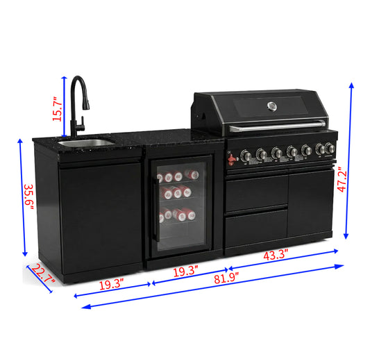 82" 6-Burner 85,000 BTU Gas Outdoor Kitchen Island Grill Stainless Steel Sink Wine Cooler