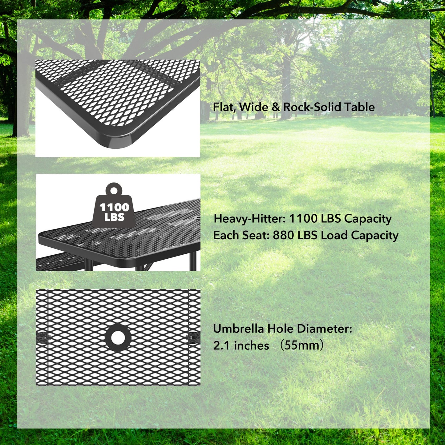 8ft Rectangle Picnic Table With Umbrella Hole#Color_black