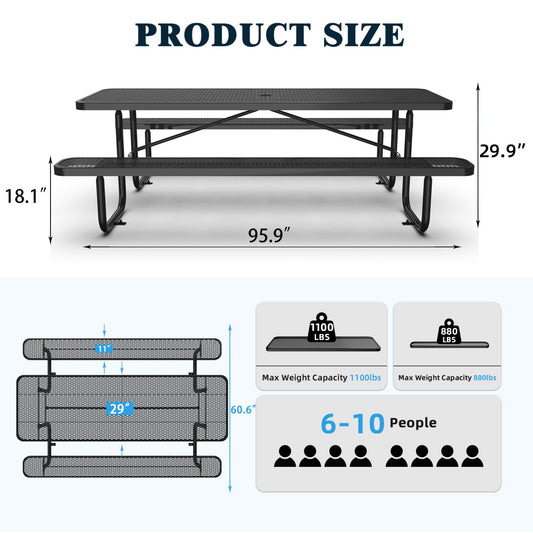 8ft Rectangle Picnic Table With Umbrella Hole#Color_black