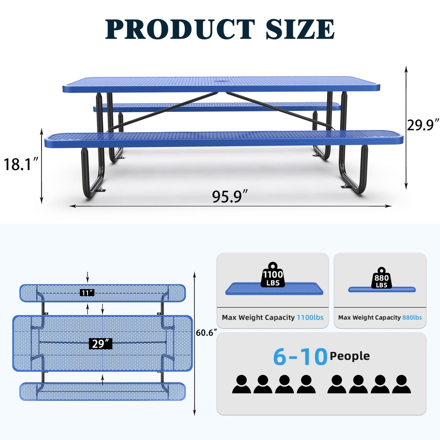 8ft Rectangle Picnic Table With Umbrella Hole#Color_blue
