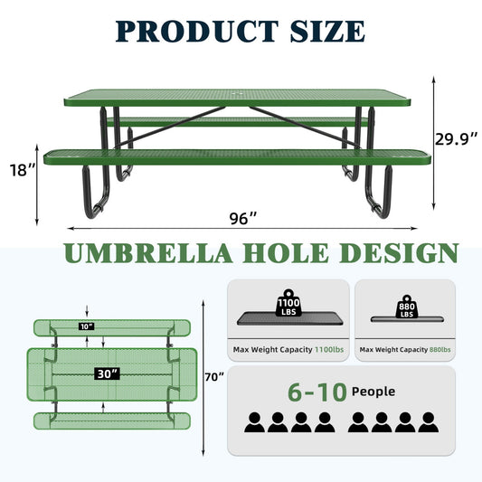 8ft Rectangle Picnic Table With Umbrella Hole Green