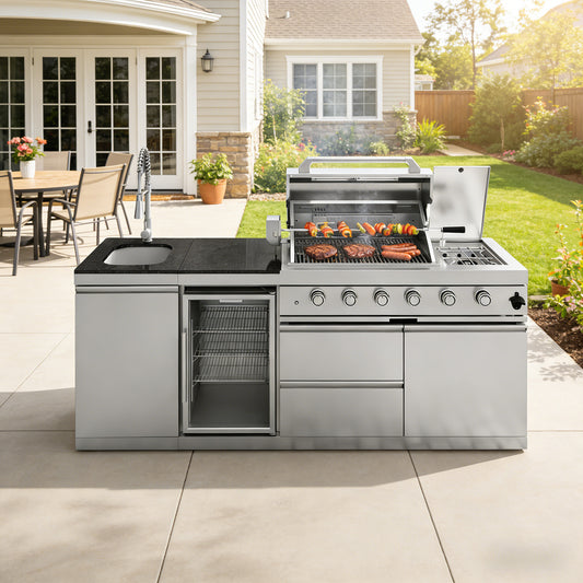 85" 4-Burner 72,000 BTU Stainless Outdoor Kitchen Island Grill with Wine Cooler & Sink