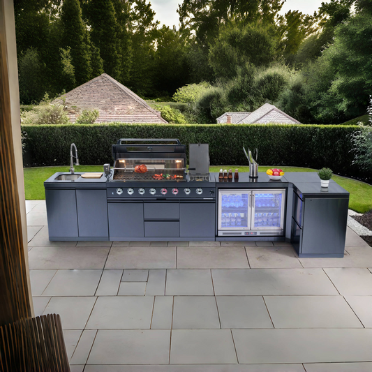 153+44" 6-Burner 96000 BTU Black Outdoor Kitchen Island Grill with Wine Cooler & Drawers