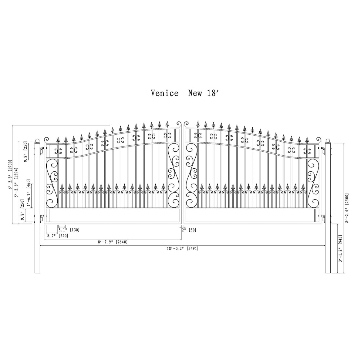 18x6 ft Steel Dual Swing Driveway Gate, VENICE Style