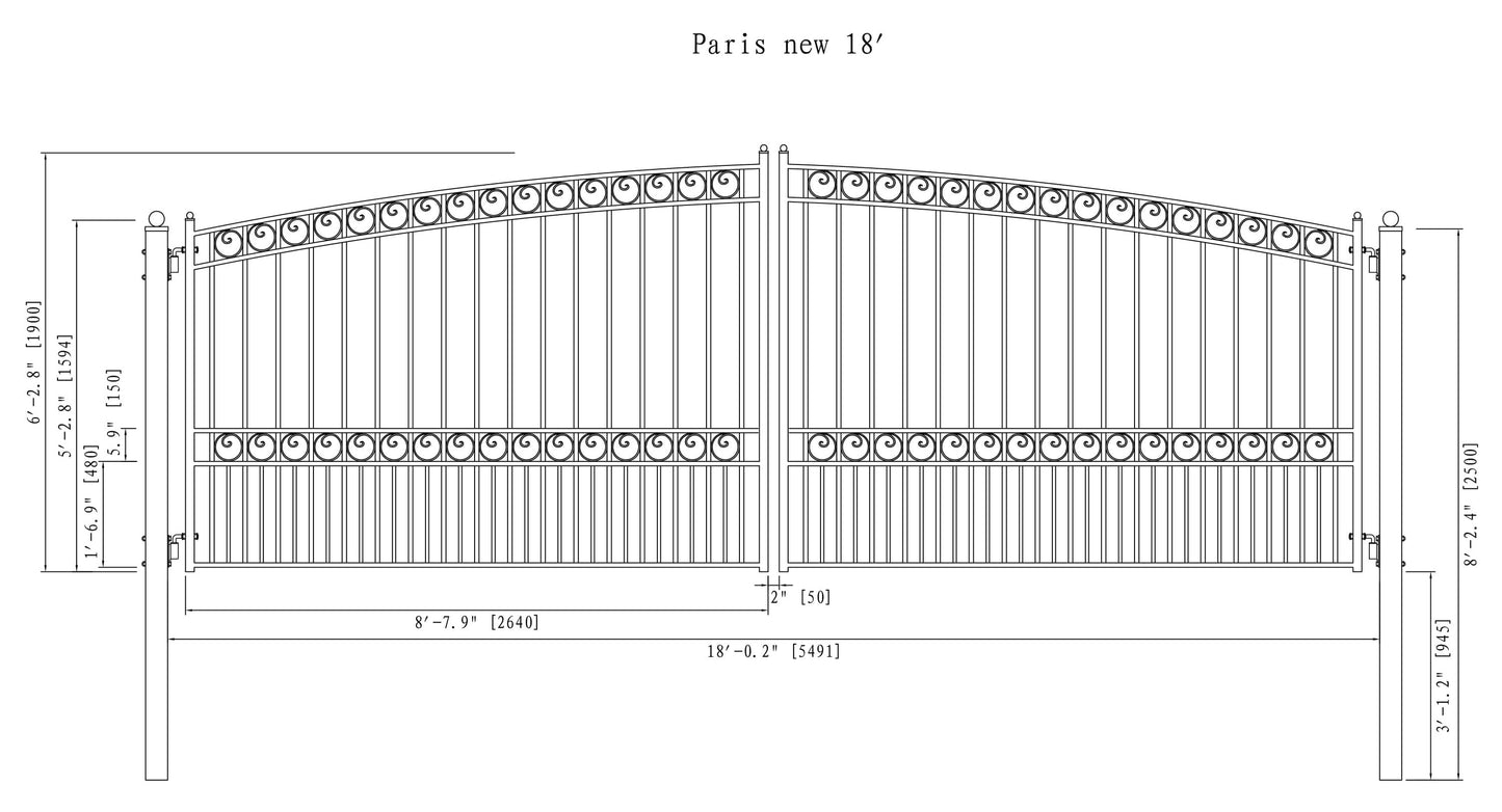 18x6 ft Steel Dual Swing Driveway Gate - PARIS Style