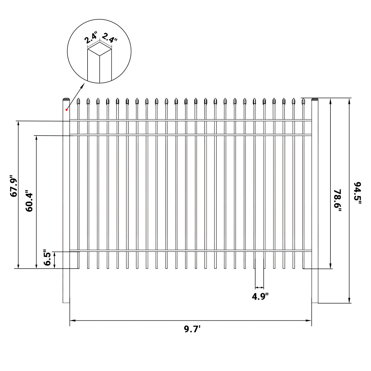 Dimension of 10x7 ft Steel Fence with 3 Rails