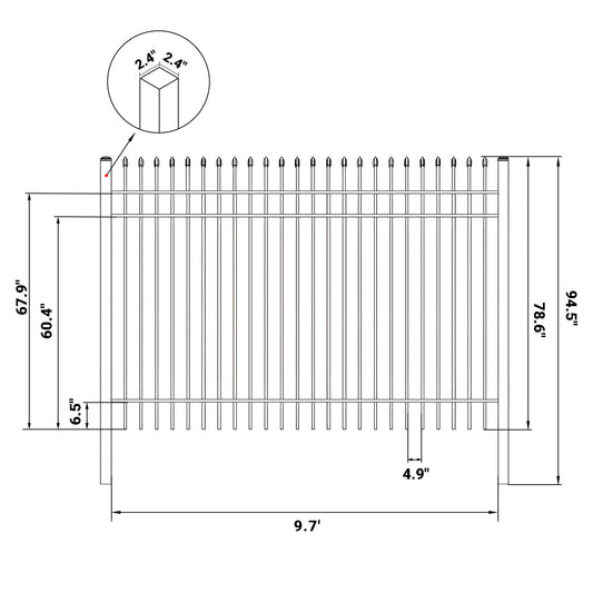 Dimension of 10x7 ft Steel Fence with 3 Rails