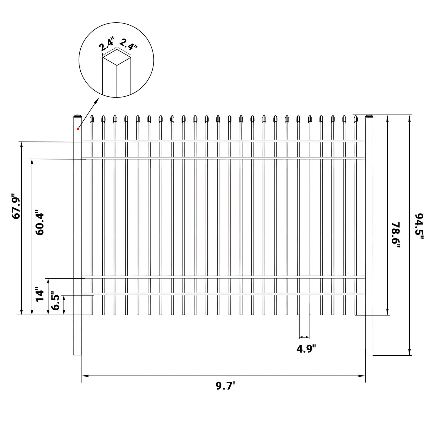Dimension of 10x7 ft Steel Fence with 4 Rails