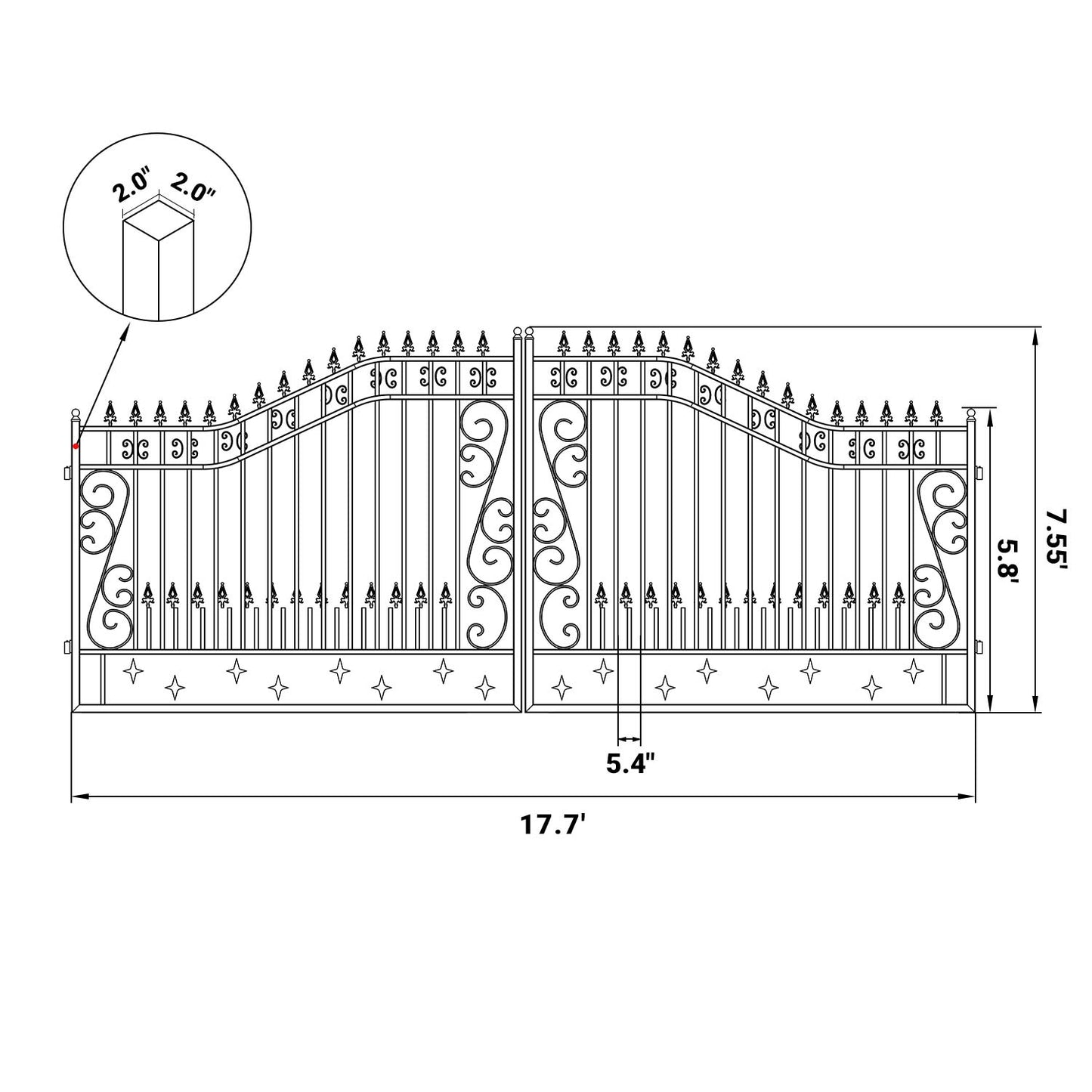 Dimension of 18x8 ft steel dual swing driveway gate with star pattern