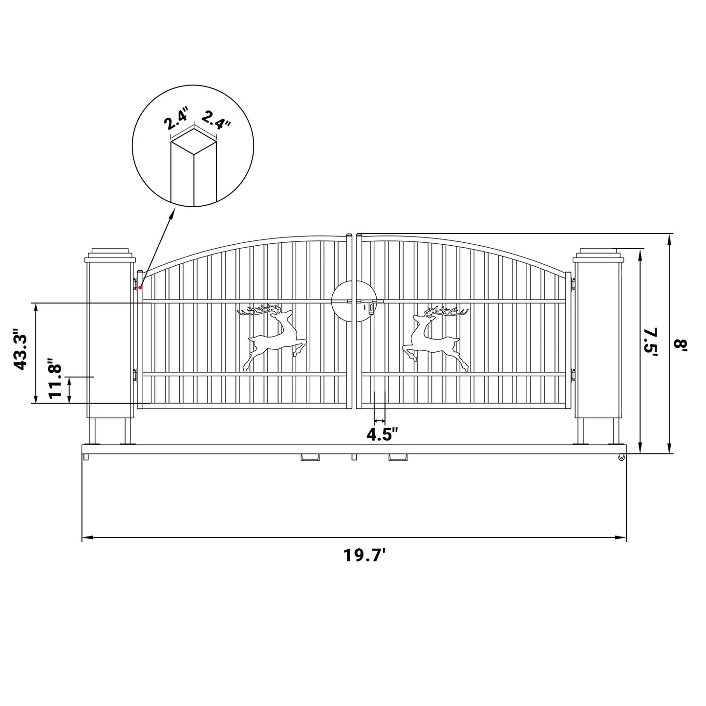 Dimension of 20x8 ft Dual Swing Driveway Gate with Ornamental Hollow Posts