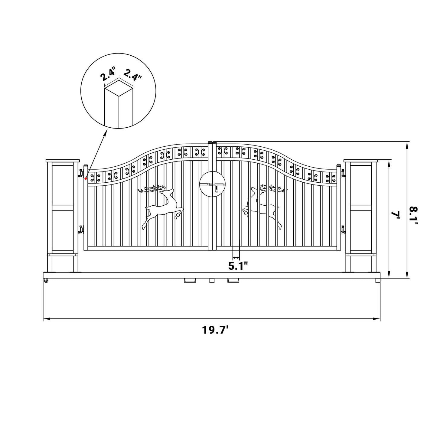 Dimension of 20x8 ft Dual Swing Driveway Gate with Ornamental Posts