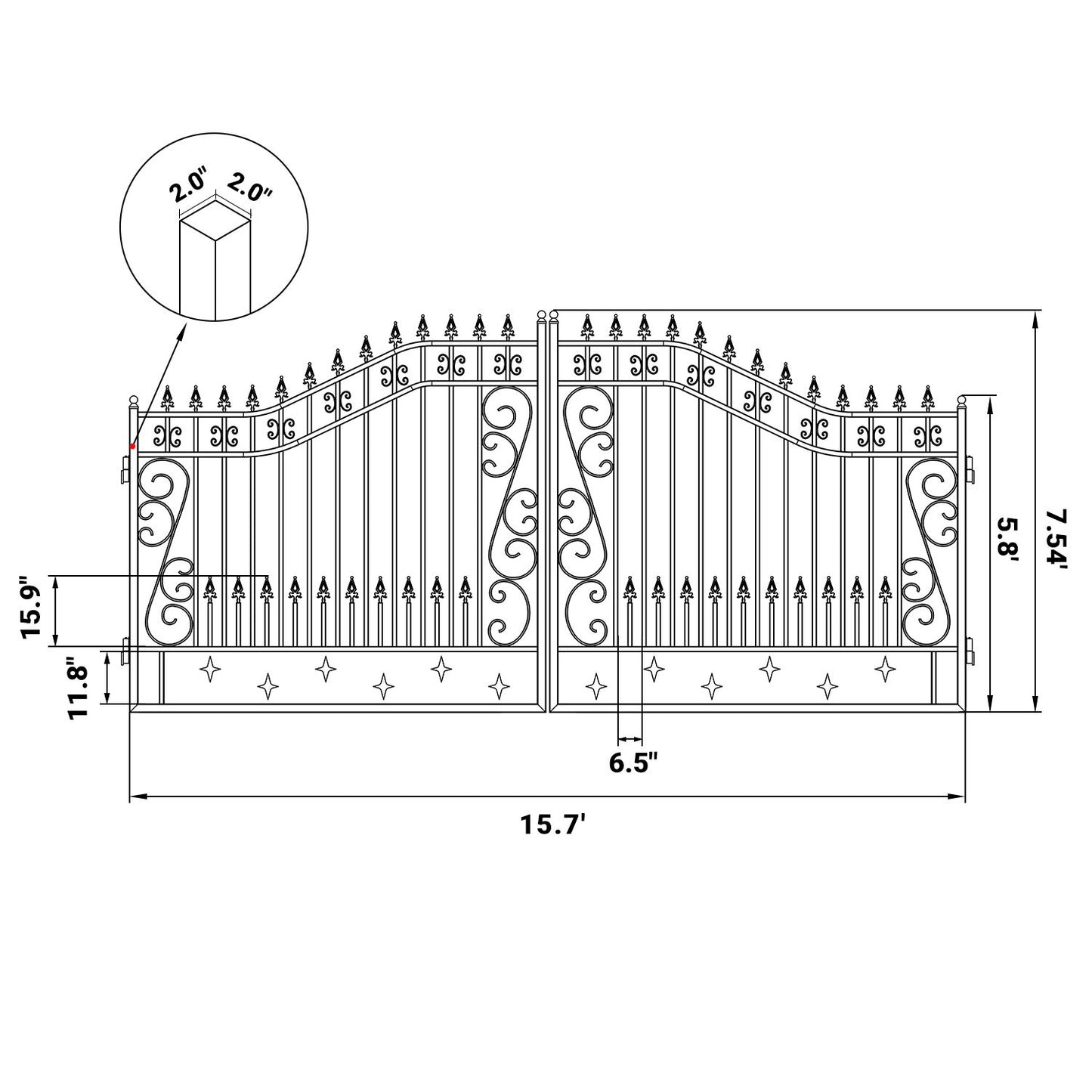 Dimension of the 16x8 ft Dual Swing Driveway Gate with Star Pattern