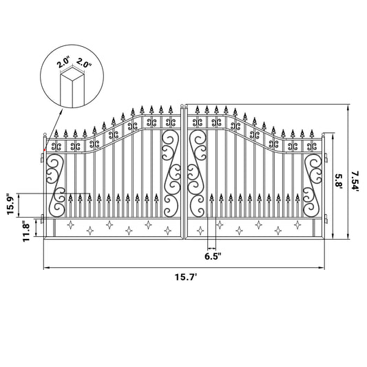 Dimension of the 16x8 ft Dual Swing Driveway Gate with Star Pattern