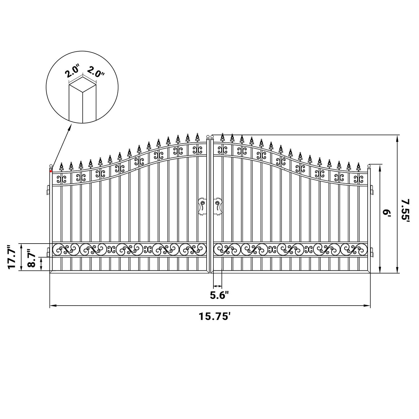 Dimension of the 16x8 ft Steel Dual Swing Driveway Gate.jpg