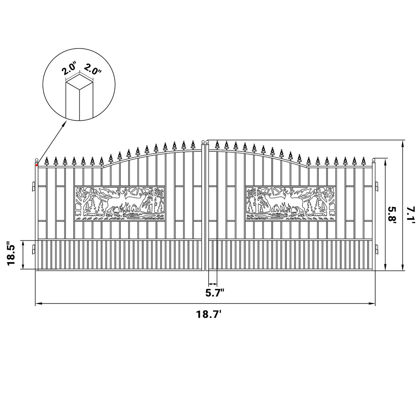 Dimension of the 20x7 ft steel dual swing driveway gate with rectangular deer pattern