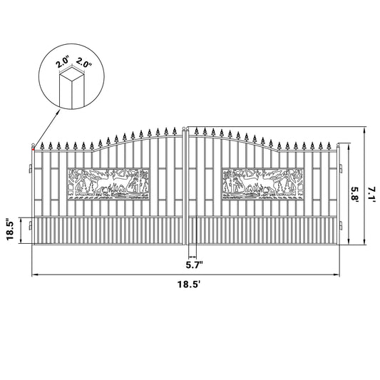 Dimension of the 20x7 ft steel dual swing driveway gate with rectangular deer pattern