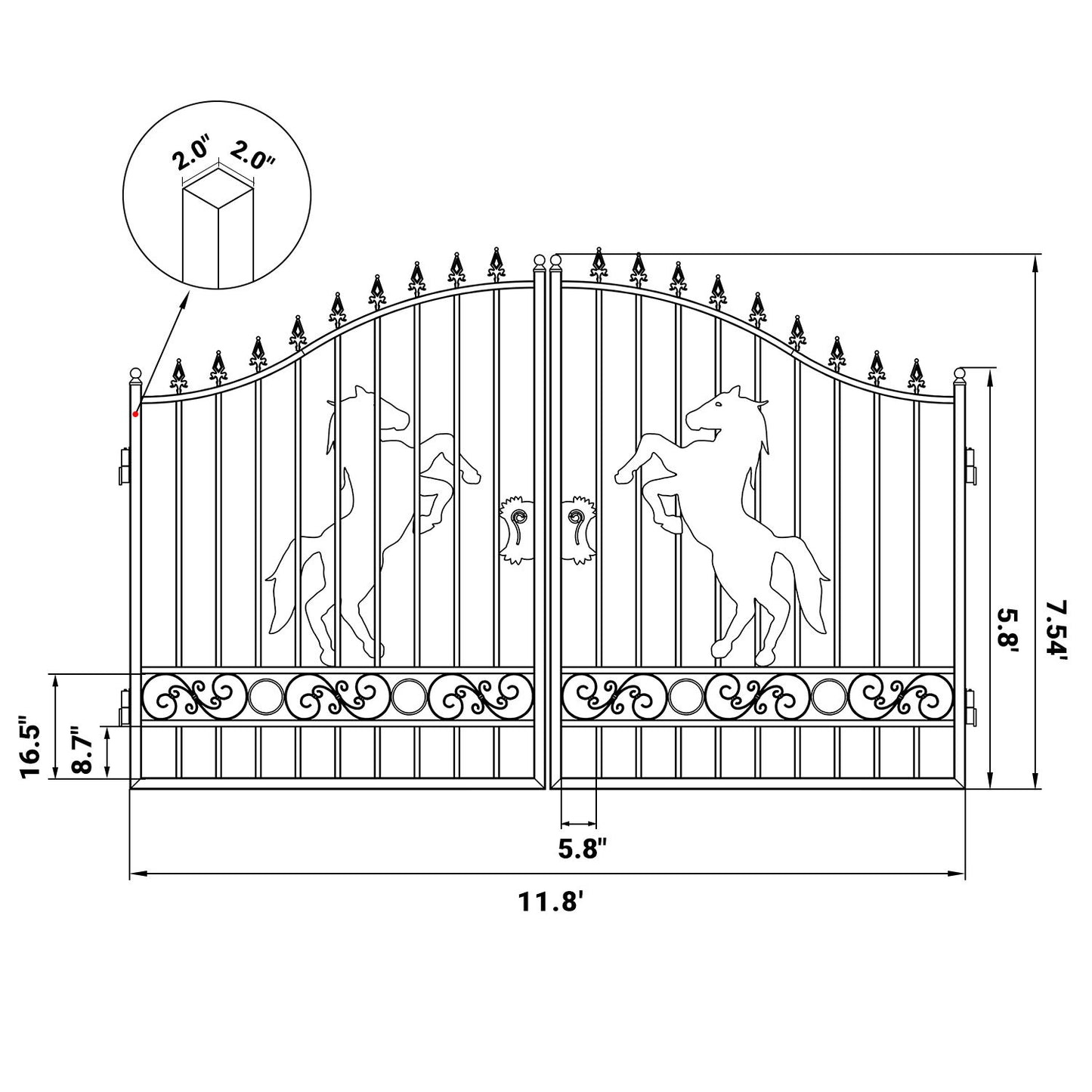 Dimension of the 12x8 ft dual swing driveway gate with horse pattern