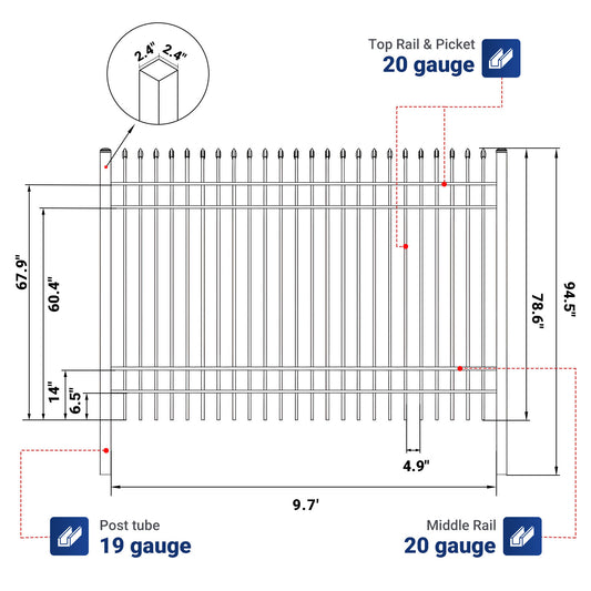 Dimension and tube thickness of 10x7 ft steel fence with 4 rails