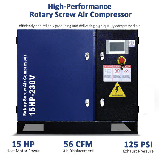 High-performance rotary screw air compressor with specifications on a white background