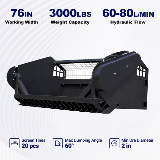 76-inch working width, 3000 lbs weight capacity, 60-80 L/min hydraulic flow, 20 screen tines, 60-degree max dumping angle, and 2-inch min ore diameter.