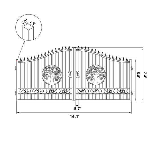 16x8 ft Steel Dual Swing Driveway Gate with Tree Pattern