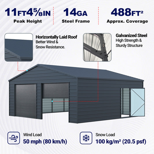 22’ x 23’ Metal Garage with Double Roll-Up Door & Side Door