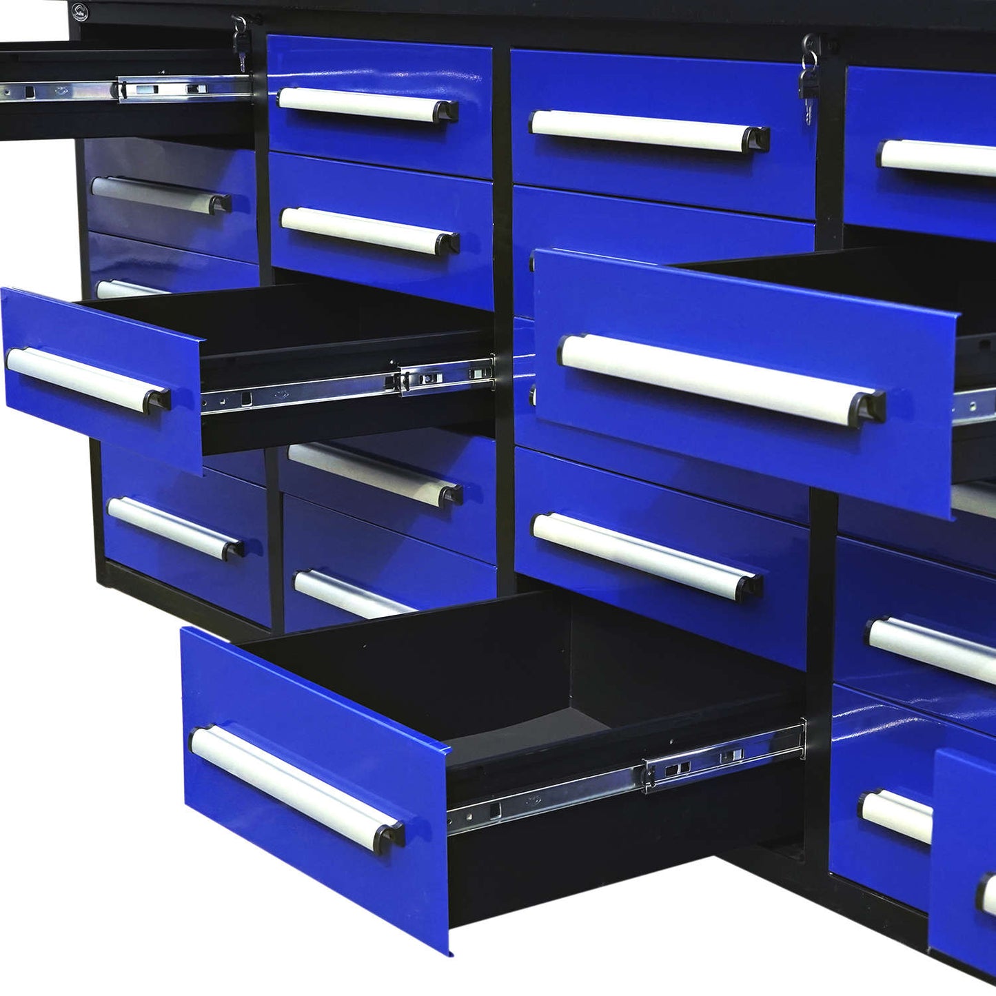 Our 10' Garage Storage cabinet has multiple sizes of drawers#color_blue