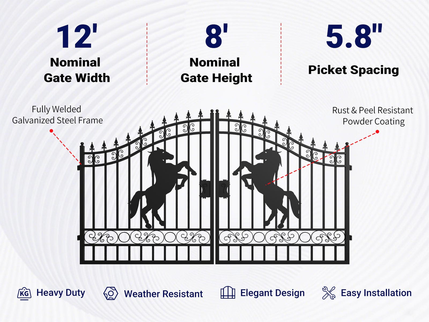 Overview of features of 12x8 ft dual swing driveway gate with horse pattern