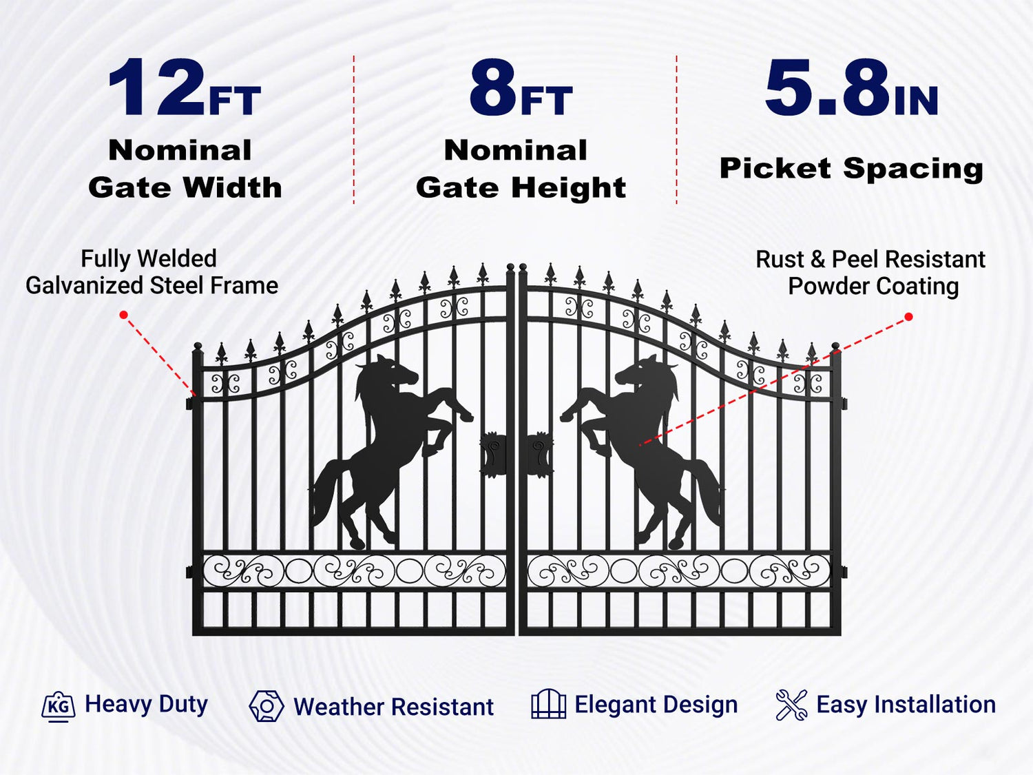 Overview of features of 12x8 ft dual swing driveway gate with horse pattern