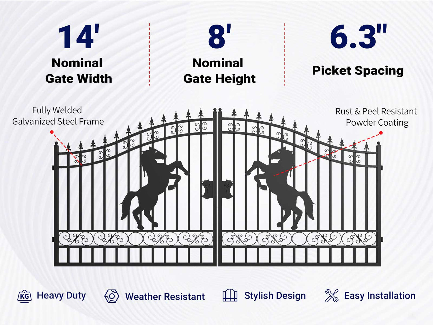 Overview of features of 14 steel dual swing driveway gate with horse pattern