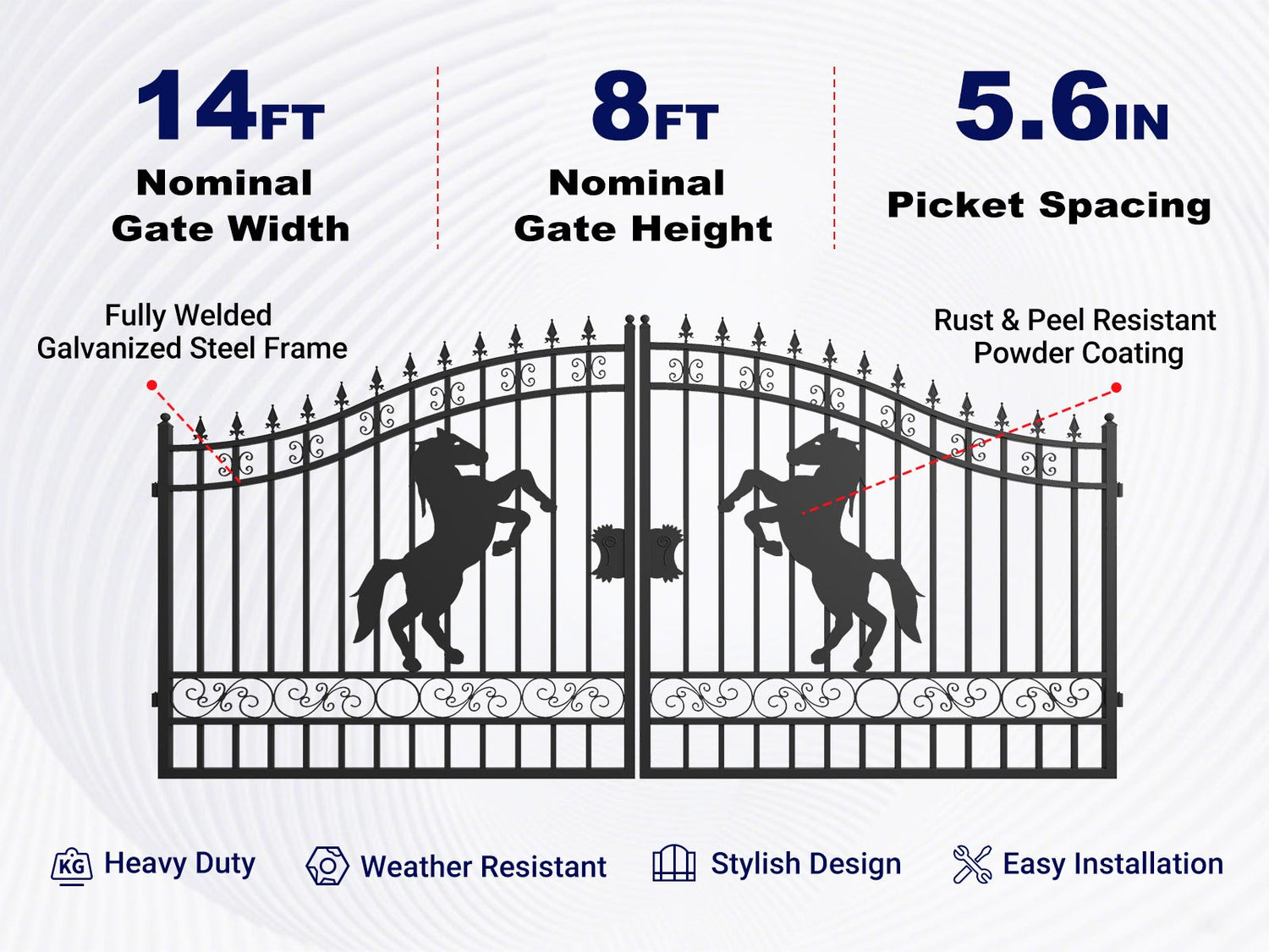 Overview of features of 14 steel dual swing driveway gate with horse pattern