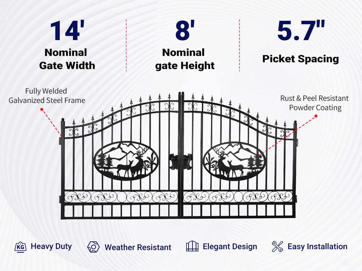 Overview of features of 14x8 ft Steel Dual Swing Driveway Gate