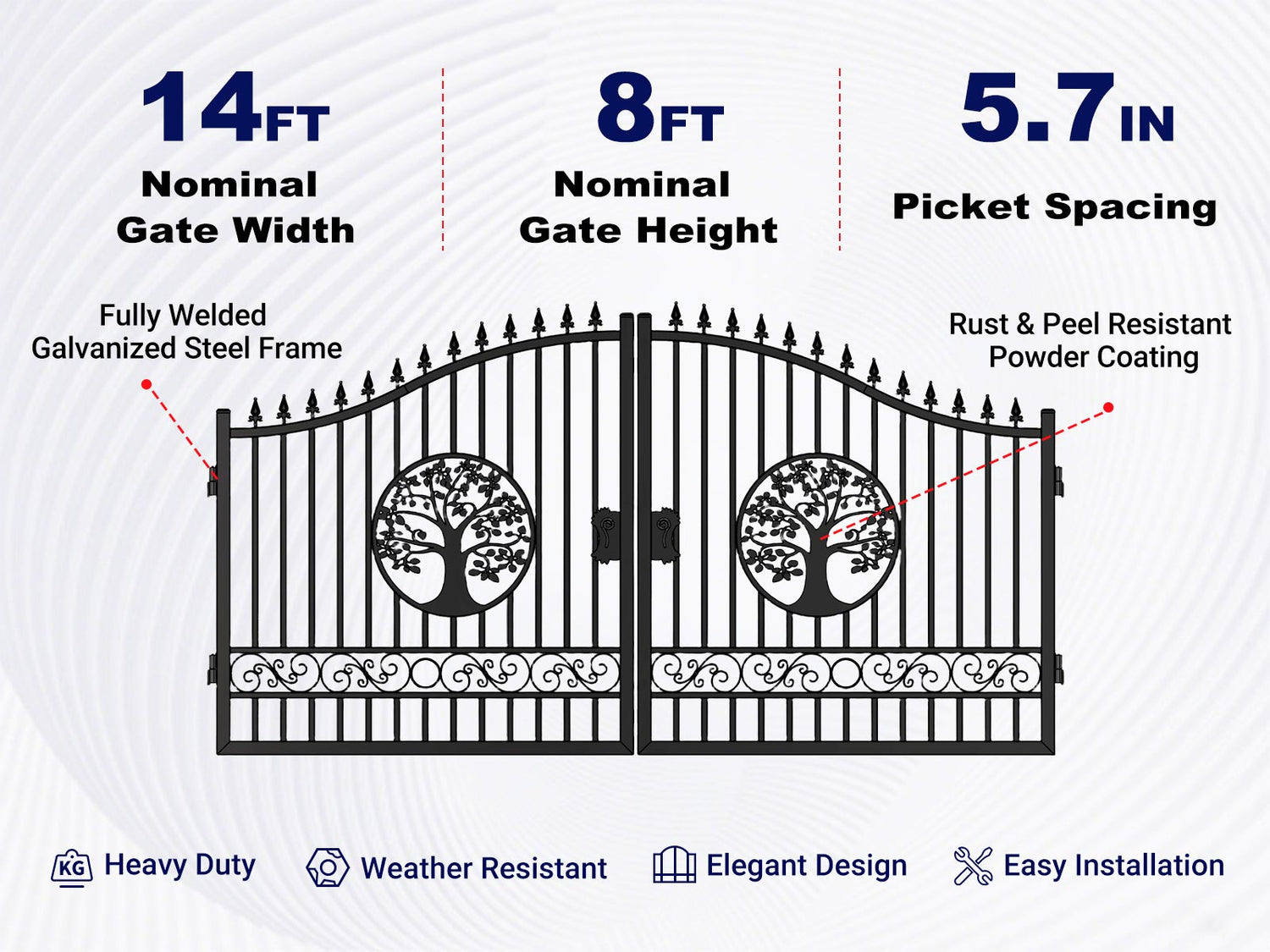 Overview of features of 14x8 ft Steel Dual Swing Driveway Gate with Wider Goalposts.jpg