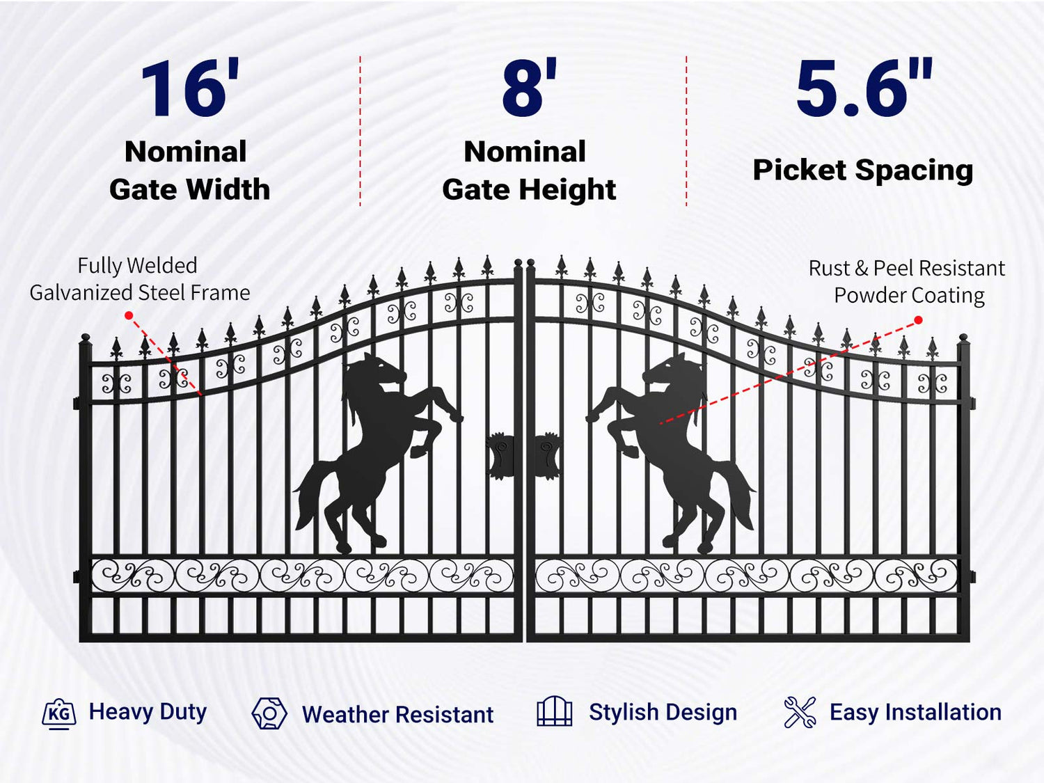 Overview of features of 16ft steel dual swing driveway gate with horse pattern