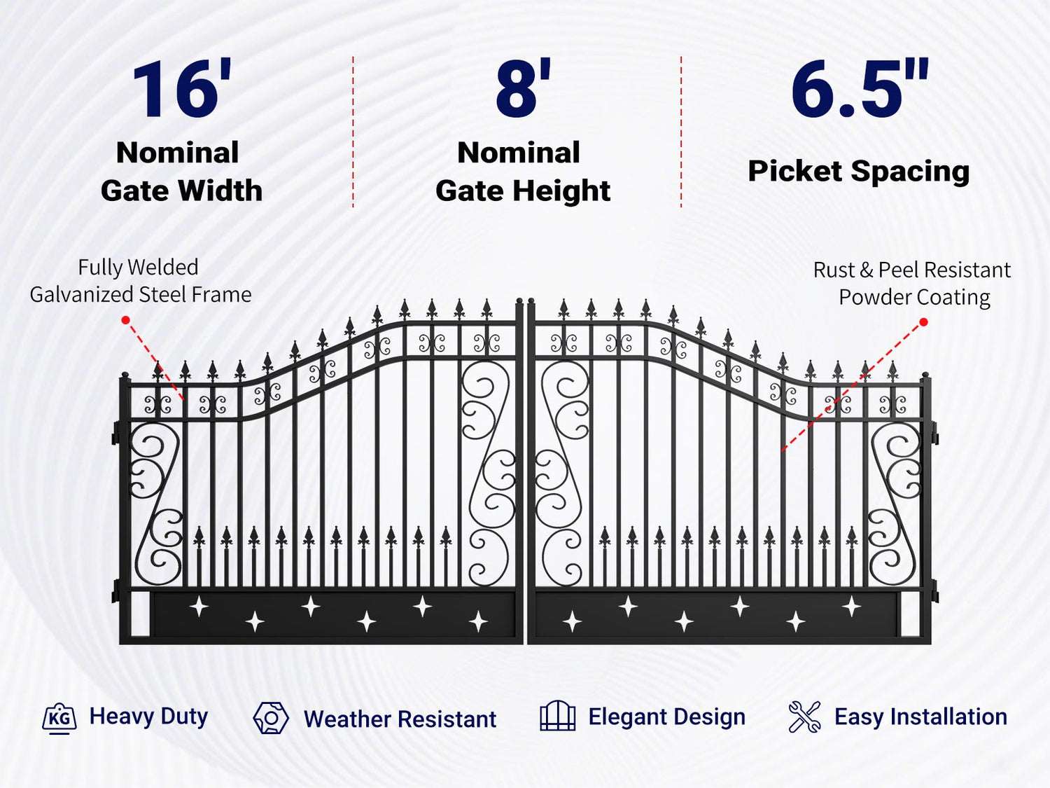 Overview of features of 16x8 ft Dual Swing Driveway Gate with Star Pattern