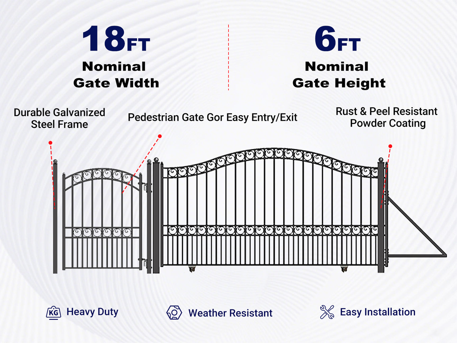 Overview of features of 18ft Steel Sliding Driveway Gate with 5ft Pedestrian Gate