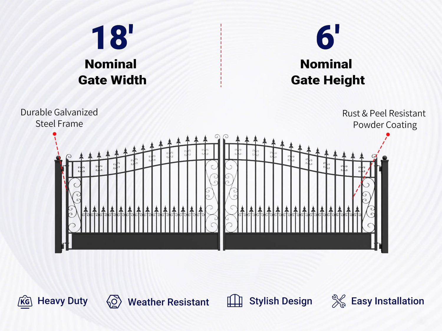 Overview of features of 18x6 ft Steel Dual Swing Driveway Gate, VENICE Style