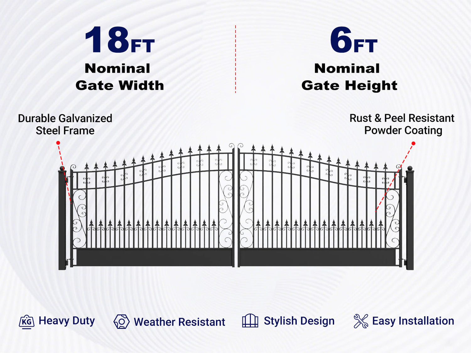Overview of features of 18x6 ft Steel Dual Swing Driveway Gate, VENICE Style
