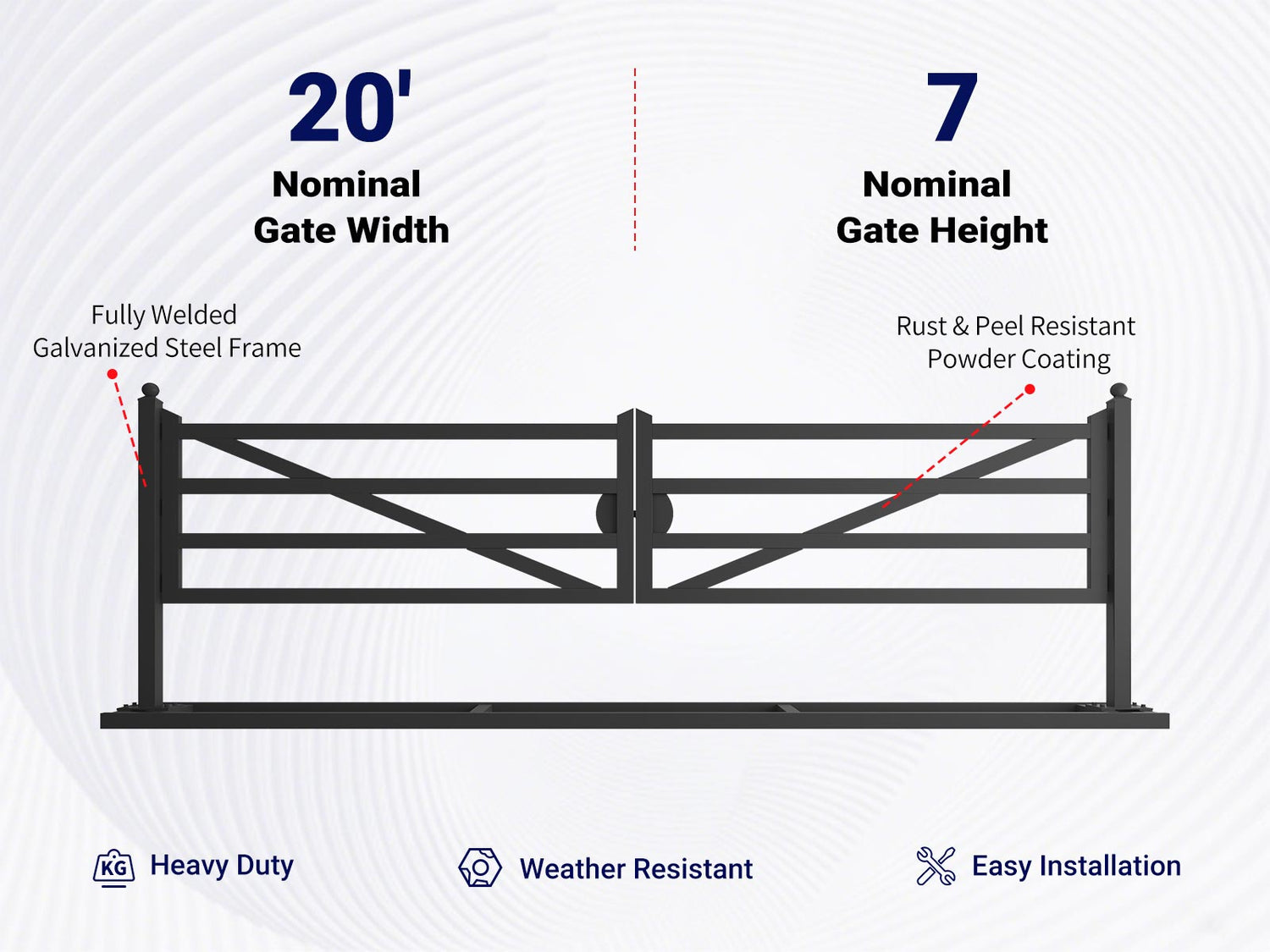 Overview of features of 20 ft Farm Driveway Gate with Diagonal Tubes, Dual Swing