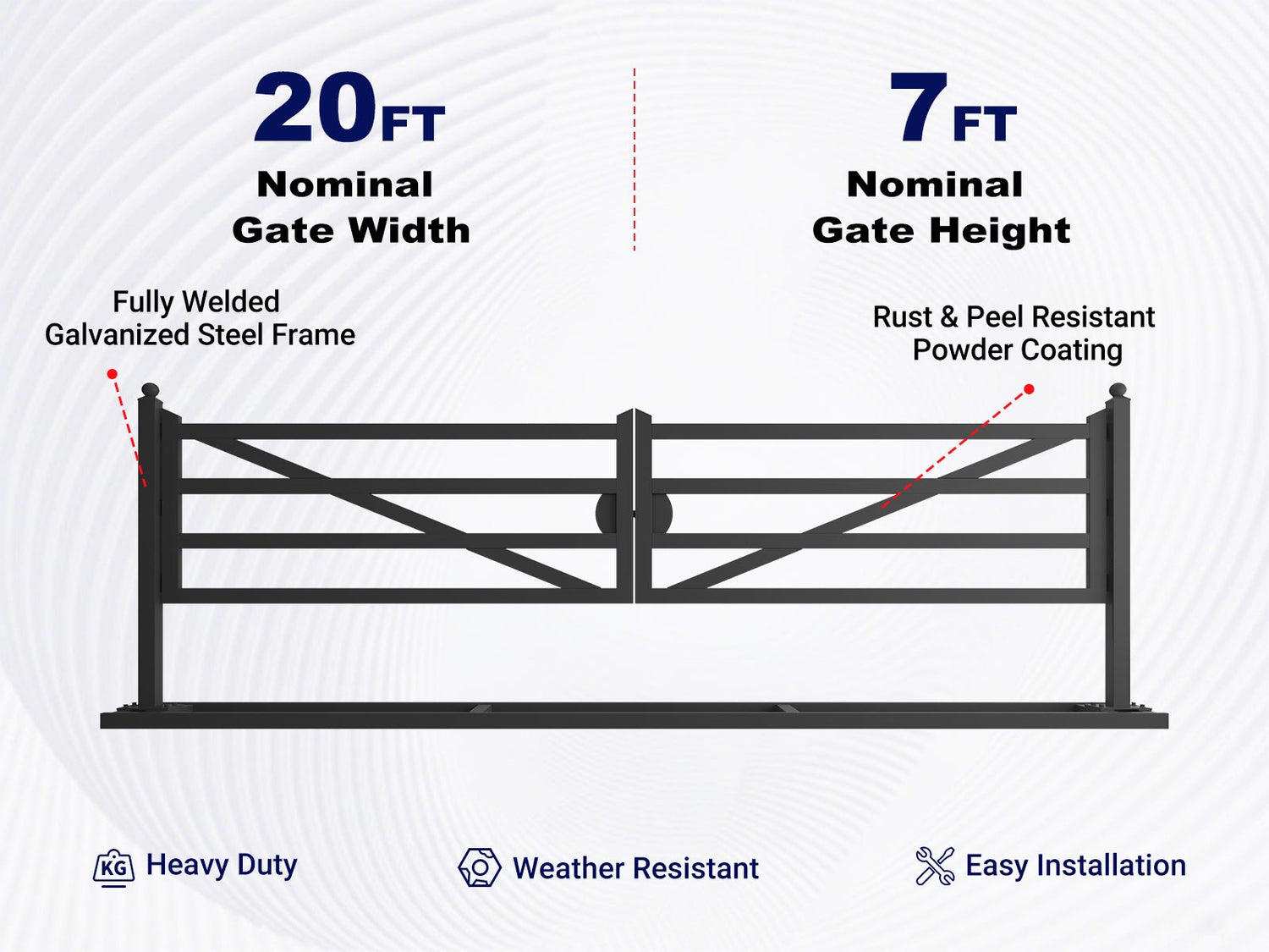 Overview of features of 20 ft Farm Driveway Gate with Diagonal Tubes, Dual Swing