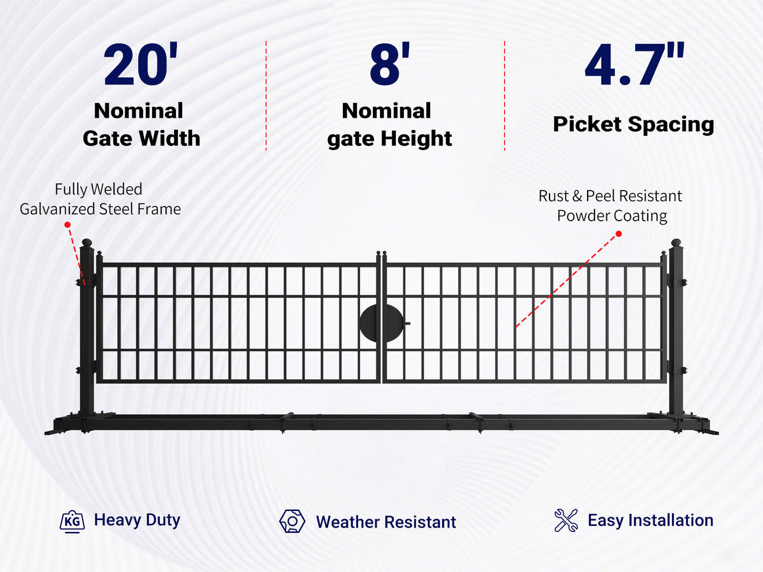 Overview of features of 20 ft Steel Farm Driveway Gate