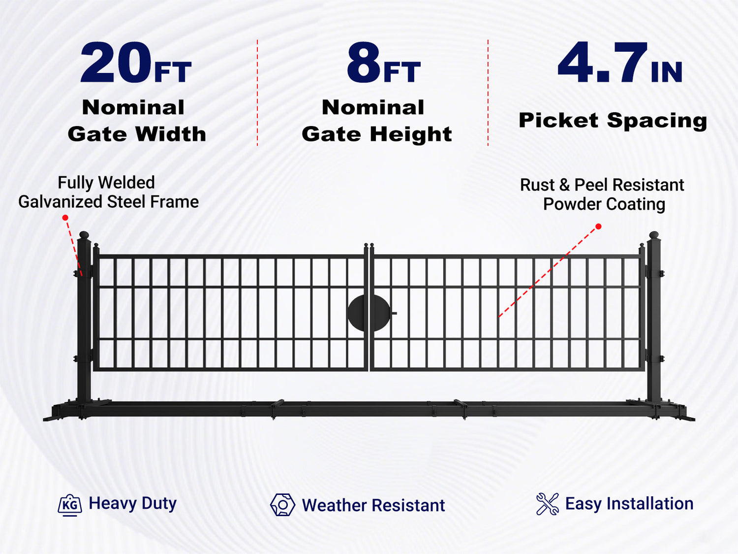 Overview of features of 20 ft Steel Farm Driveway Gate
