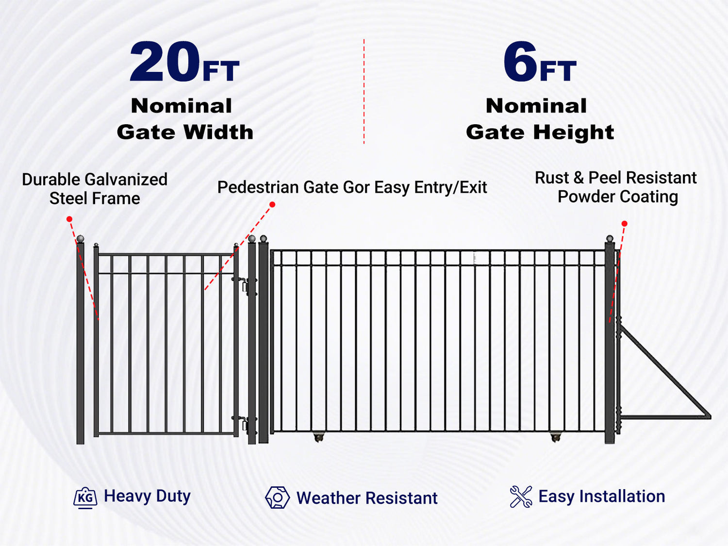 Overview of features of 20ft Steel Sliding Driveway Gate with 5ft Pedestrian Gate